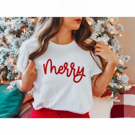 Merry Baskılı T-shirt - Beyaz resmi